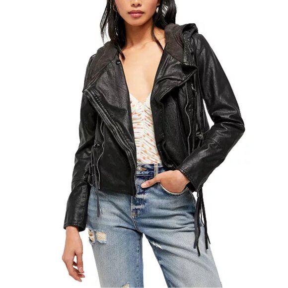 Free People We The Free Cleo Faux Suede Hooded Moto Jacket Vegan Leather Small B - Picture 1 of 12